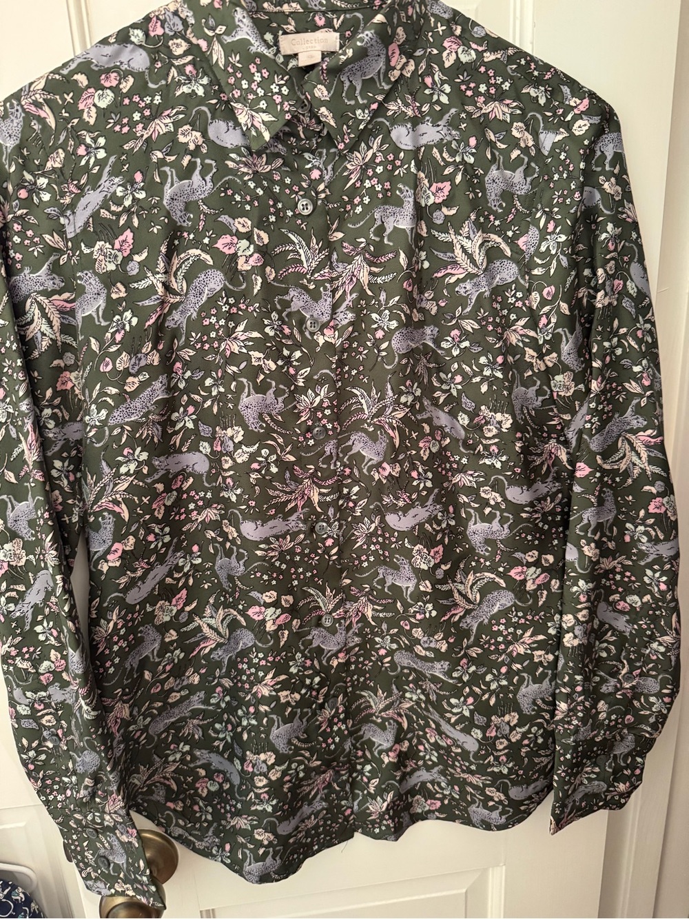 J. Crew Collection Silk Green Button-Down Shirt with Floral Print